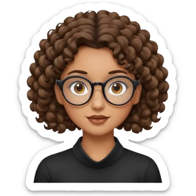 un chica con pelo rizado tiene hecha una coleta y con dos rizos sueltos en la parte de alante que le llega hasta el cuello. luego pil un poco morena ojos marrones y tiene gafas negras y son exagonales pero un poco redondeadas. sticker