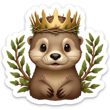 cute confused otter face with natural twisted thorny bramble branches wrapped around head, wooden Crown of thorns sticker