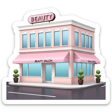 Modern beauty salon building with a stylish illuminated sign that says BEAUTY SALON on the front. Elegant exterior design, large clean windows, soft pastel colors, minimalistic decorations, welcoming atmosphere, daytime, high-quality detailed render sticker
