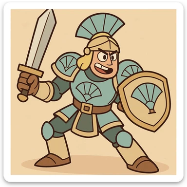 a CNFans warrior, heroic and bold, in a dynamic pose, with armor and a fan motif, vibrant and energetic style sticker