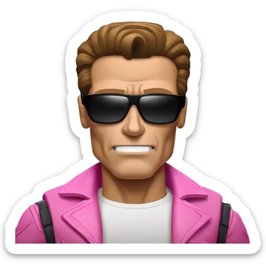 Schwarzenegger-like Terminator, upper body only, wearing his iconic clothes in pink (all clothes must be pink), looking more human with minimal robotic details, and wearing dark sunglasses, hair must be dark sticker