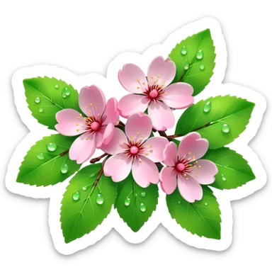 Realistic cherry, blossom flowers, high definition, dew drops, realistic vibrant green leaves sticker