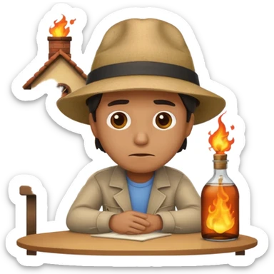 apple style emoji of a man at a table with a bottle, sad expression, house burning in the background sticker