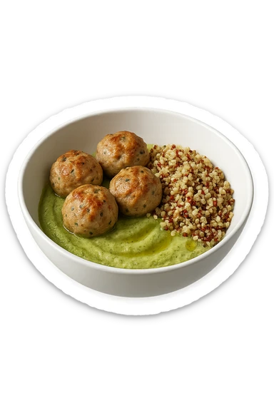 bowl bianca fluttua in aria con polpette di tacchino, purè di zucchine, quinoa e olio di oliva, iperrealistico 4k sticker