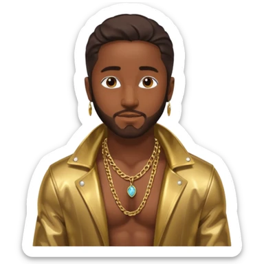 Omarion with long dark brown hair, shirtless with necklace, metallic bronze jacket sticker