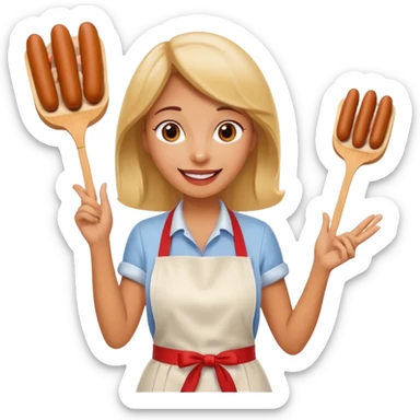 A cheerful woman selling hotdogs, waving a tongs in one hand. sticker