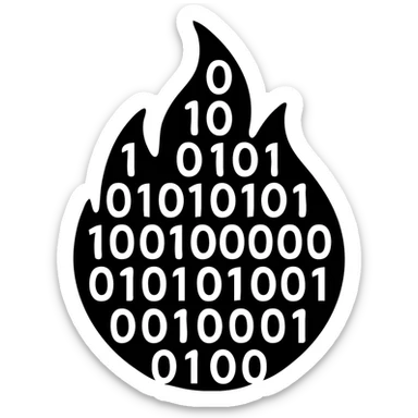 Transform the flame so it is made up of bold, minimal zeros and ones, with the digits forming the flame shape in a flat solid filled icon style. sticker
