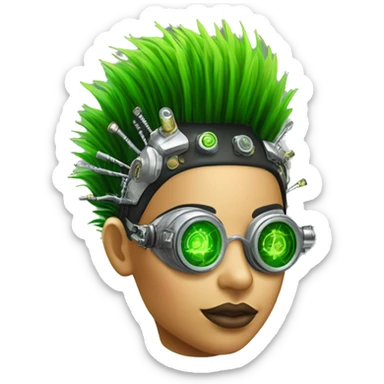 Neon green Mohawk hair Latina female cyborg head with silver steampunk goggles and circuits sticker