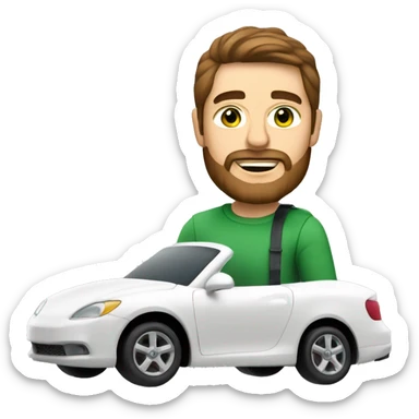 a white man with a brown beard and medium length brown hair and green eyes driving a white car sticker