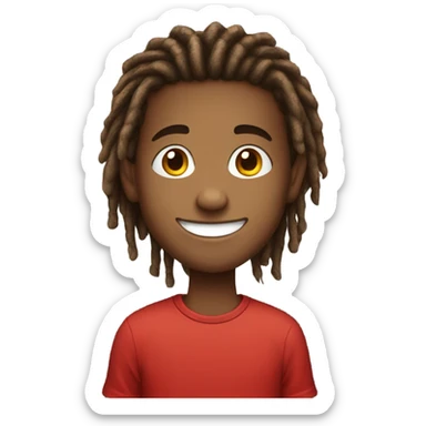 smiling boy in red shirt with dreadlocks sticker