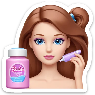 Barbie girl Chestnut Shoulder-length hair and blue eyes is In pale purple smears by hand cosmetic cream on her face sticker