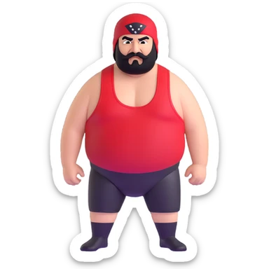 White skin fat guy with prominent black durag, short black beard and mustache, black eyes in a red and black wrestling singlet with angry face sticker