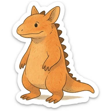 orange bipedal reptile-mammal hybrid, ghibli style, soft shading, whimsical look sticker