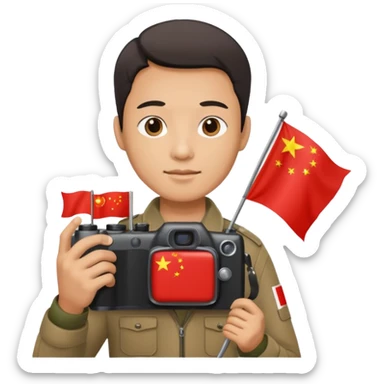 A Chinese man with a Chinese flag and a camera sticker