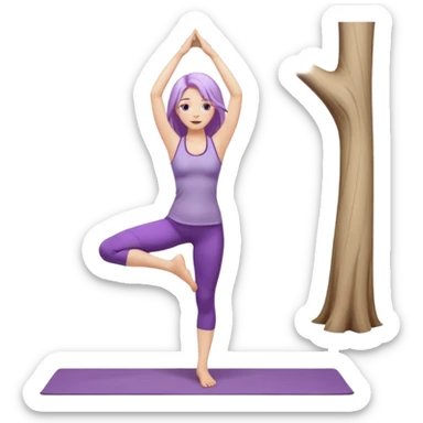 Девушка белокожая, с длинными светло-фиолетовыми волосами, в одежде для йоги, стоит в позе дерева на одной ноге, вторая нога согнута, руки вверху ладонь к ладони, в стиле бимбо пилатес, правильные пропорции, без дерева sticker