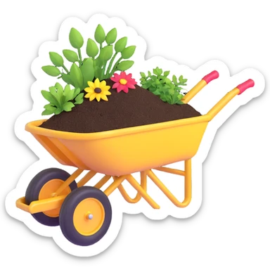 wheelbarrow with soil fertilizer and gardening tools sticker