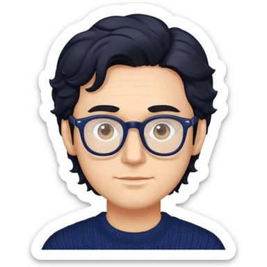 Man with wavy black hair in a comfortable navy blue sweater and glasses sticker