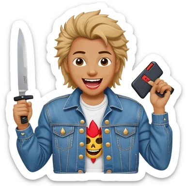 savage person wearing 80s 1988 outfit, denim jacket with shoulder pads, holding a knife, laughing maniacally sticker