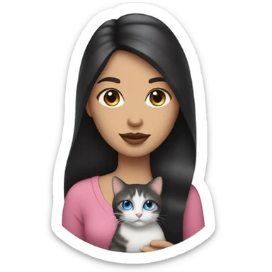 woman with long dark hair, pink lips,and blue eyes holding a tabby cat sticker