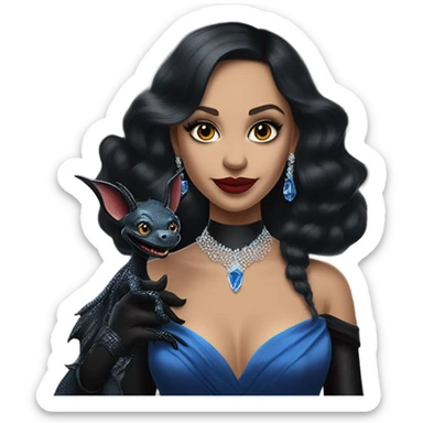 relaxed low-cut back silk black evening ball gown with lace gloves, Jenna Ortega as Addams woman wearing a mini diamond tiara, very large blood blue evil-looking horned old dragon hand puppet sticker