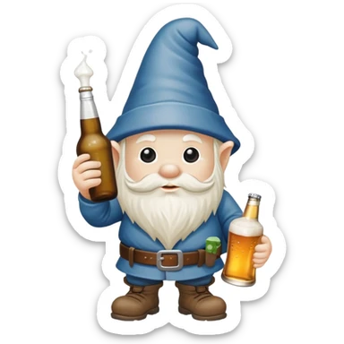 garden gnome holding a bottle of beer and a meth pipe sticker