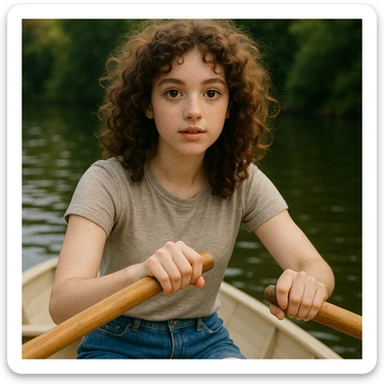 kürek çeken, kıvırcık saçlı, beyaz tenli, gözleri biraz iri kız, genel stil sticker