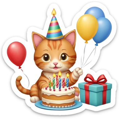 Ginger tabby kitten celebrates birthday, birthday hat, birthday cake, one candle, balloons, happy, gifts sticker