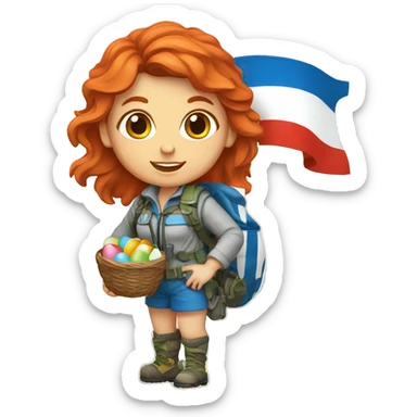 Female mountain climber red hair with Greek flag and holding Easter eggs basket sticker