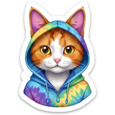 Cat wearing a tyedye hoodie sticker
