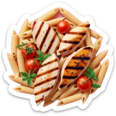 penne with cherry tomatoes and grilled chicken on a pastel pink plate sticker
