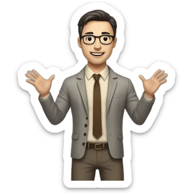 Full height Actively gesturing with hands Pale skinned fit man with dark brown hair in gray jacket, beige office shirt, brown tie, brown pants and vintage glasses. sticker