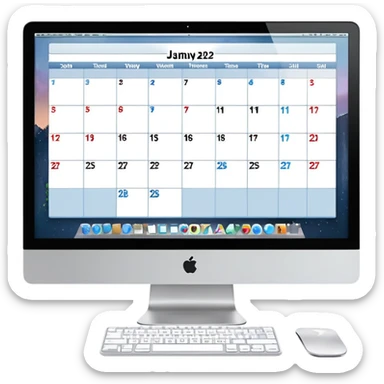 front view of an iMac with a day-calendar on the screen, vertical hours on the left, horizontal client slots, some slots visibly booked sticker