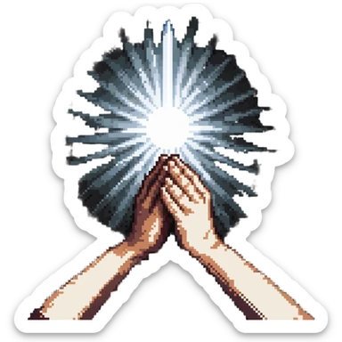 hands clasped in prayer with light rays sticker