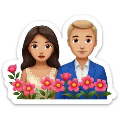 Couple traveling in Montenegro russian man and elegant  Latina girl delicate flowers and mountains in the background  sticker
