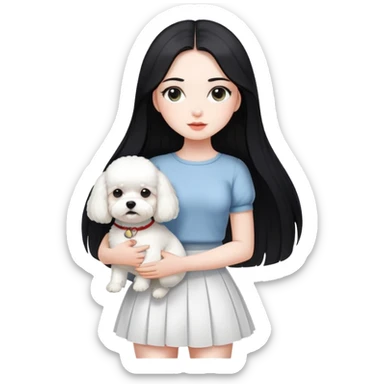 A beautiful girl with long straight black hair wearing a white skirt holding a small white Bichon Frise sticker