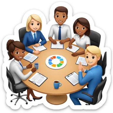 coworkers brainstorming ideas at a round conference table sticker