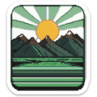 A pixel art icon with a green rectangle, rounded corners, white sub-rectangle with black border, black mountains, sun, and four green stripes. sticker