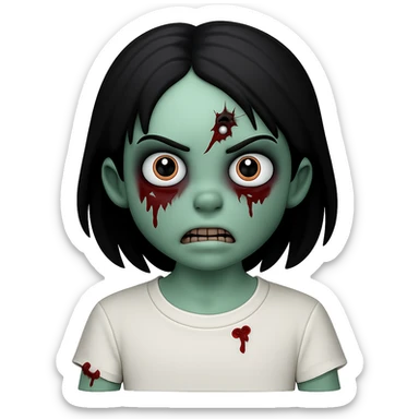Create an image of a zombie girl with black hair wearing a white t-shirt, minimal blood, in the style of Apple emojis, with no background. sticker