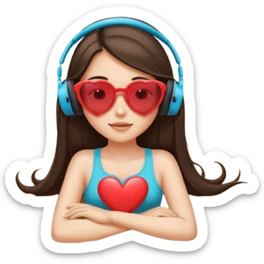brunette girl with long straight hair lying on sand wearing heart-shaped sunglasses and headphones sticker