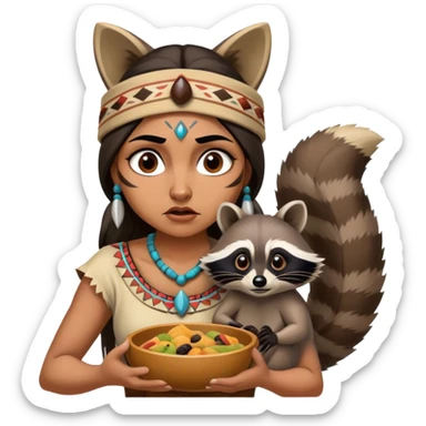 Cinematic Funny Pocahontas Portrait Emoji, Looking bewildered as Meeko steals her food, one brow raised in playful frustration, a warrior princess caught in a hilariously relatable moment, wild yet endearing! sticker
