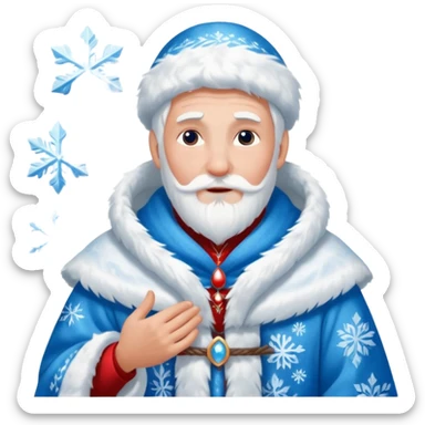 Legendary fantasy human Christmas portrait icon, Grandfather Frost and Snow Maiden style, traditional winter robe with fur, magical snow patterns, kind powerful expression, icy blue and white colors with red accents, classic Slavic winter fairy tale mood, clean readable emoji style, male/female sticker