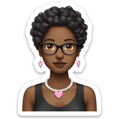 Black girl with black curly hair and a white top, clear glasses, pink hair bow, white hear necklace  sticker