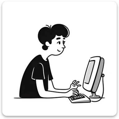 Young man with modern haircut sitting at a vintage desktop computer with large CRT monitor and floppy disk drive sticker