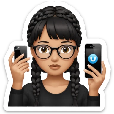 Wearing black braided hair, full bangs, and eyeglasses, taking a mirror selfie with an iPhone sticker