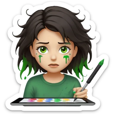 emoji holding and drawing on tablet using a stylus, looking down at screen in frustration, female, messy dark hair, green eyes, alternative/grunge style, screen slightly visible with splashes of color like a paint palette  sticker