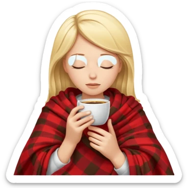 Blonde girl inside a blanket sipping coffee eyes closed sticker