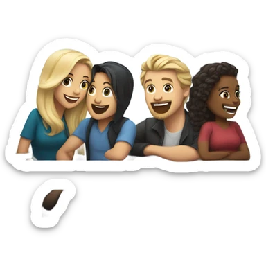A woman with long dark hair, a womanwith long blond hair, a bearded man with long dark hair and a man with short blond hair and sunglasses sitting in a booth on a train laughing  sticker
