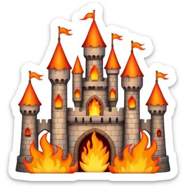 castle burning with orange and red flames, emoji style sticker