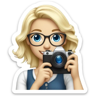 Elegant real blonde girl with glasses smiling blue eyes taking pictures with a camera  sticker