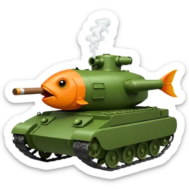 goldfish in the hatch of a green military tank, puffing a cigar, iOS emoji style sticker